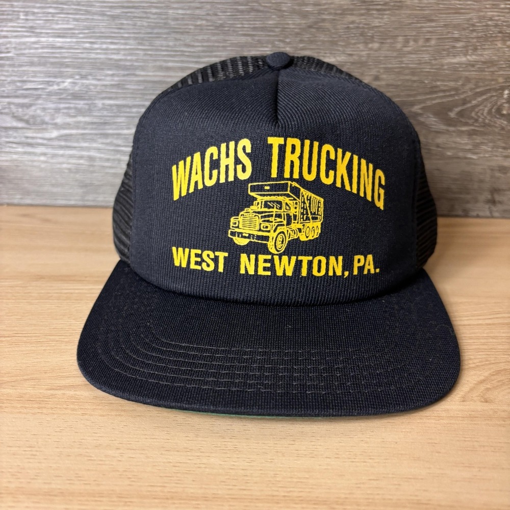 VINTAGE Wachs Trucking Hat Cap Snap Back Black Trucker Mesh Foam Front Mens 80s
